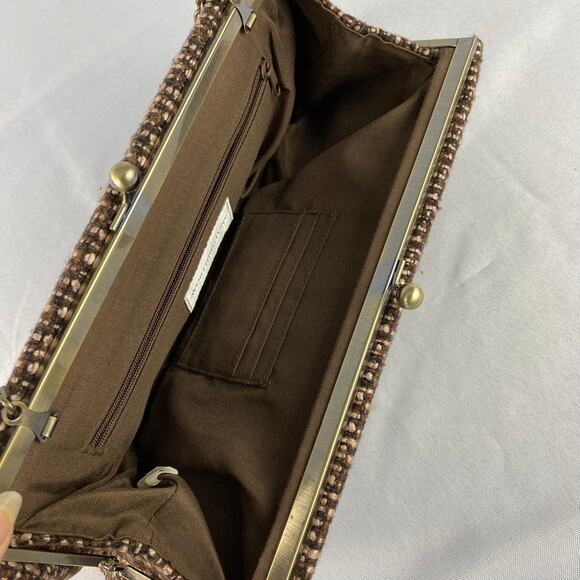 Vintage Worthington Tweed Bag Framed Clutch Brown Kiss Lock Old Money Gold Chain - Picture 5 of 6